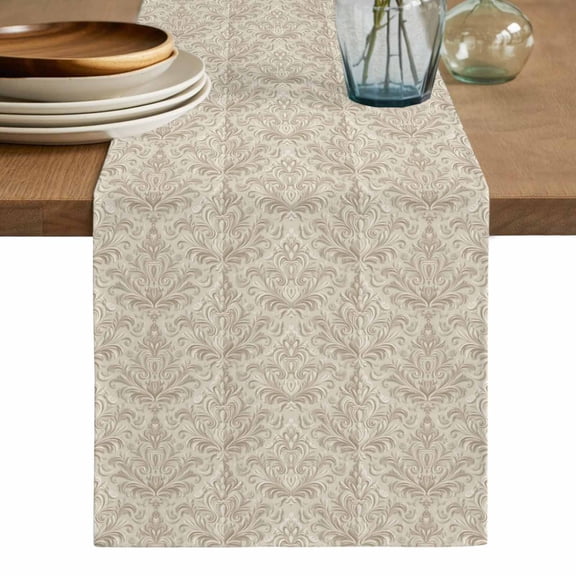 Beige Baroque Table Runner, Farmhouse Scroll Floral Pattern Art Washable Cotton Linen Table Runners 90 Inches Long, Dresser Scarf Runner for Dining/Coffee/Kitchen/Hallway Tables 13''x90''