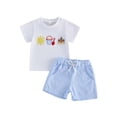 thumbnail image 1 of Conjunto de ropa de verano para bebé niño pequeño: top de manga corta con bordado de castillo playero y shorts a cuadros (2 piezas)., 1 of 8