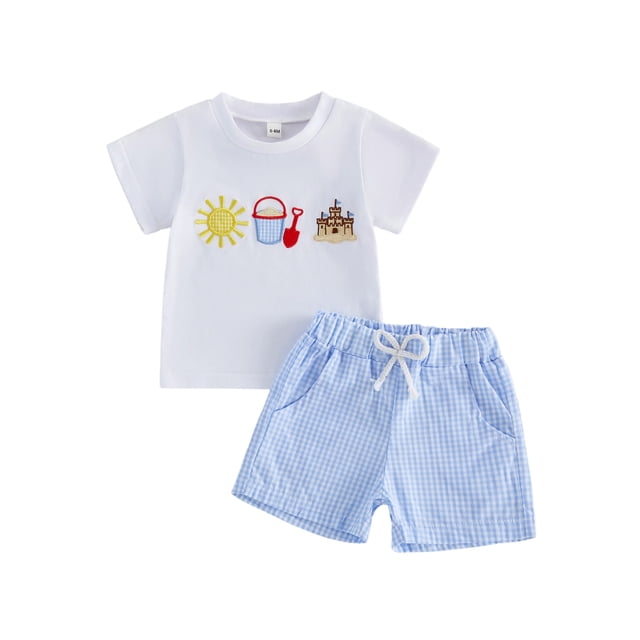 Conjunto de ropa de verano para bebé niño pequeño: top de manga corta con bordado de castillo playero y shorts a cuadros (2 piezas).