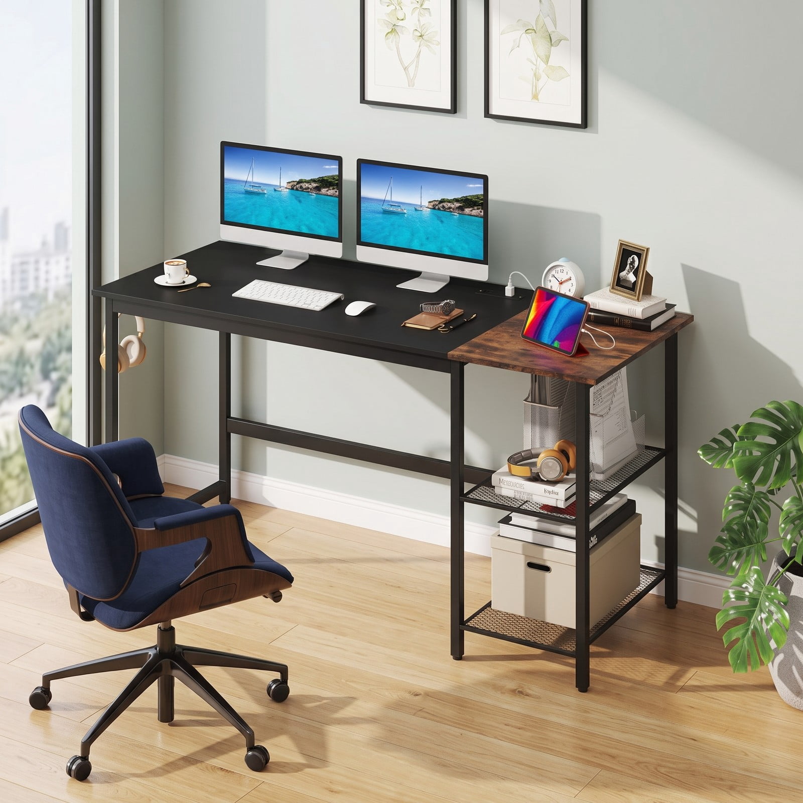 Furnibear 59 Inch Computer Desk with Charging Station, Home Office Writing Desk with 2-Tier Storage Shelves, Metal Frame Study Desk with USB &, Black & Rustic Brown