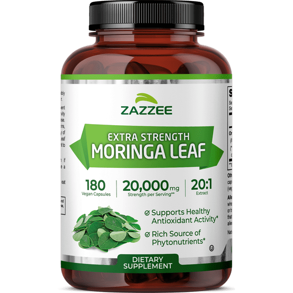 Zazzee Organic Moringa 20:1 Extract, 20,000 mg Strength, 180 Vegan Capsules, 100% Pure Oleifera Leaf Superfood, Concentrated and Standardized 20X Extract, All-Natural, Non-GMO, Made in The USA