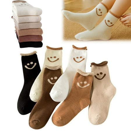 

MTKAEWU 6 Pairs Cute Smiley Face Socks Lovely Smile Face Cotton Socks for Womens Winter Autumn Novelty Funny Thermal Ankle Socks for Girls Boy Men
