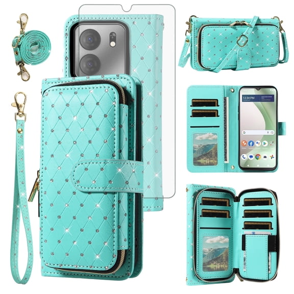 Compatible with Tracfone BLU View 5 B160V Wallet Phone Case Tempered Glass Screen Protector Bling Crossbody Lanyard Strap Flip Zipper Purse Card Holder Cell Cover for BLUE View5 160V 2024 Women Green