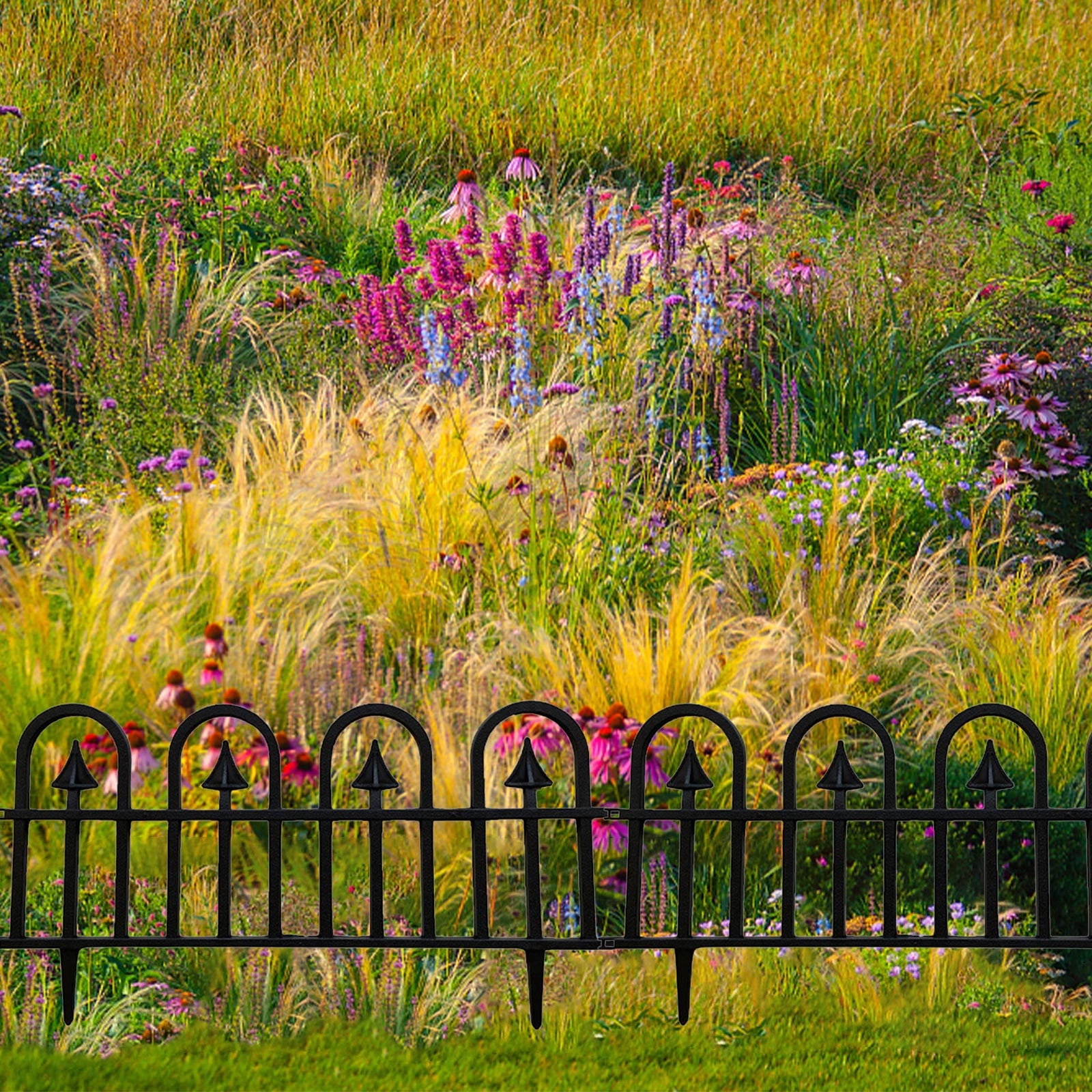4-Pack Plastic Garden Fence Panels&nbsp;- 24" Flower Bed Edging with Ground Spikes, Weatherproof Landscape Border for Driveways, Lawns, Easy Assembly