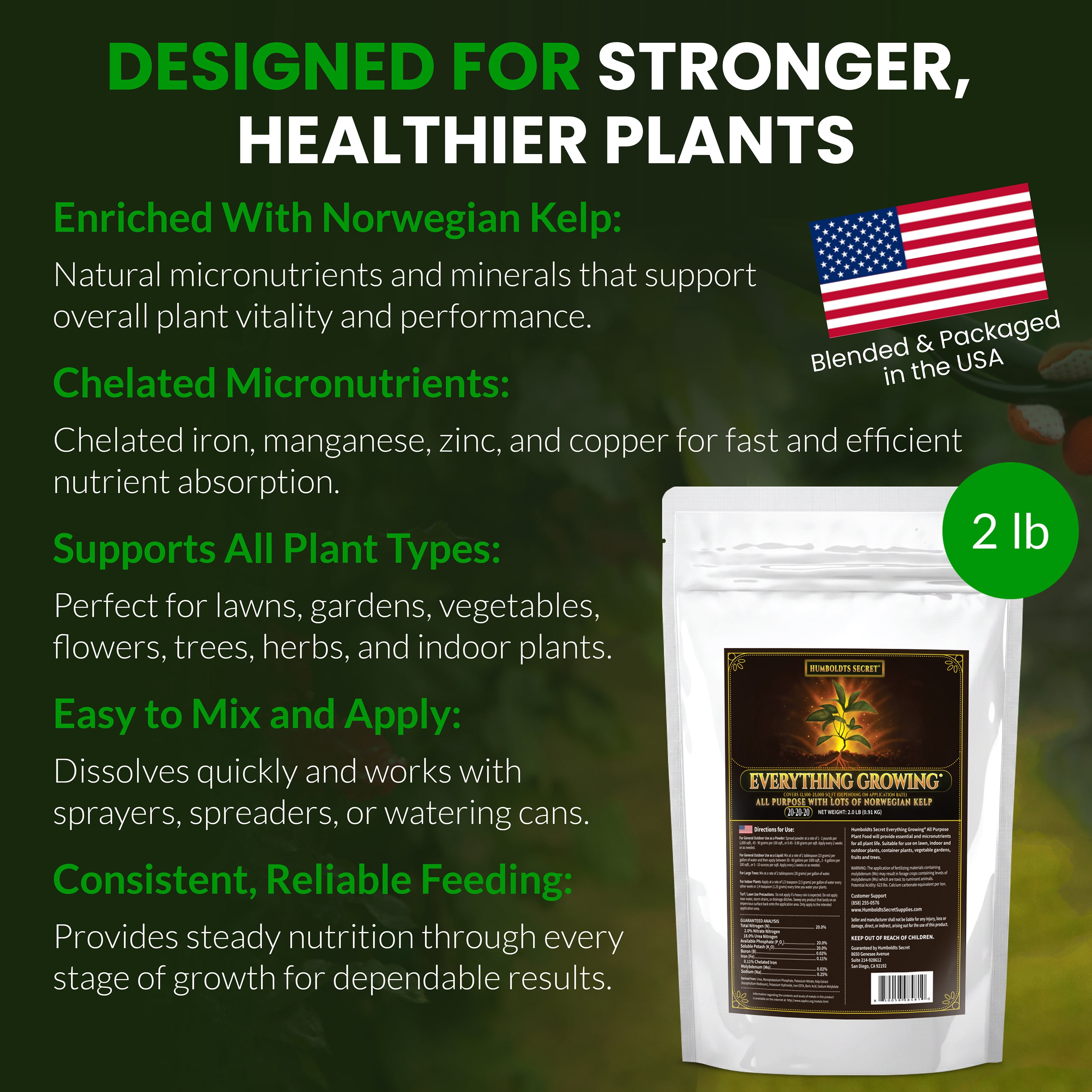 Humboldts Secret Everything Growing 20-20-20 Fertilizer - All Purpose Water Soluble Plant Food - Balanced NPK with Norwegian Kelp - For Lawns Gardens, Vegetables, Flowers & Indoor Plants - 2 lb