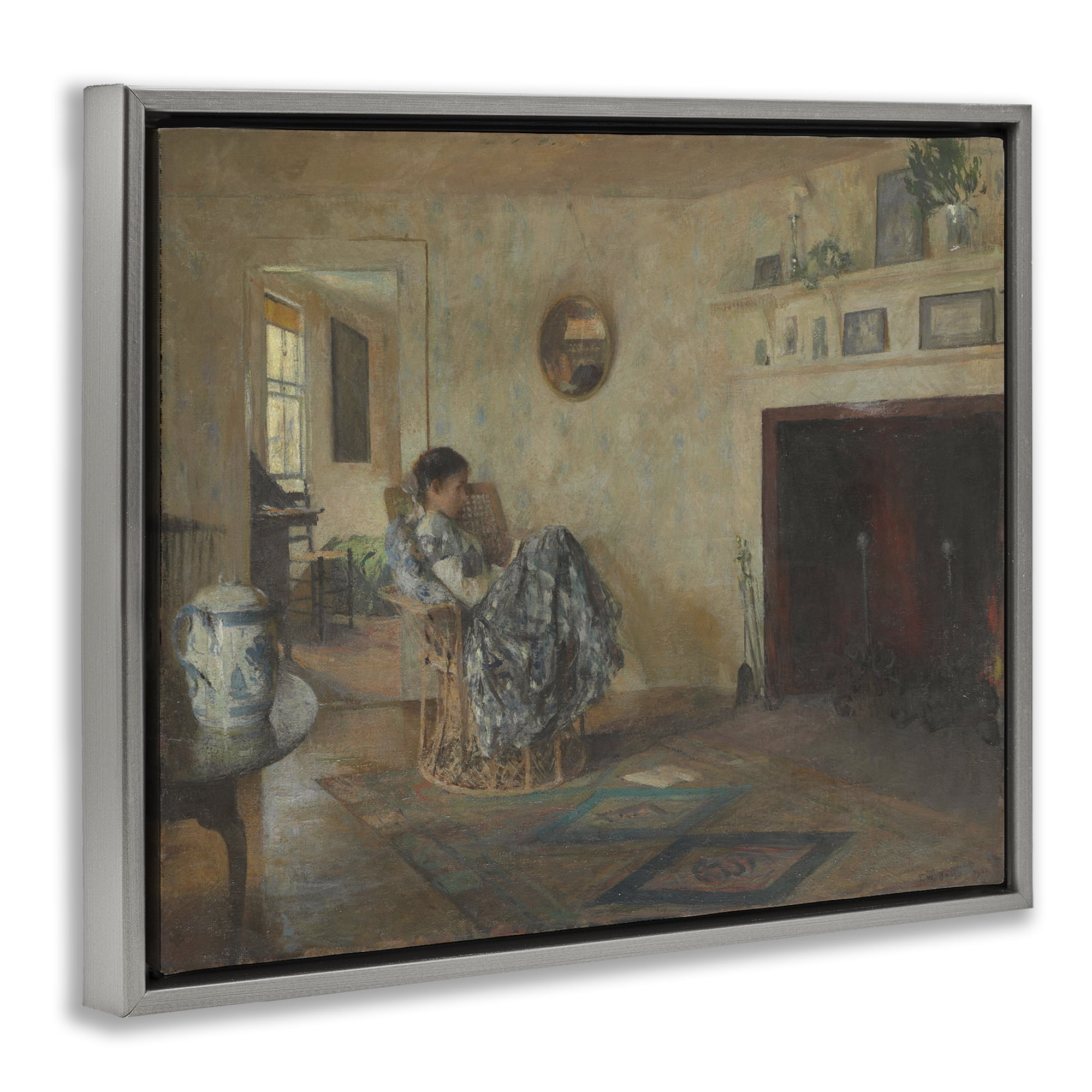 Stupell Industries Classical Rainy Day Girl People Painting Gray Floater Framed Canvas Art Print Wall Art, 21 x 17