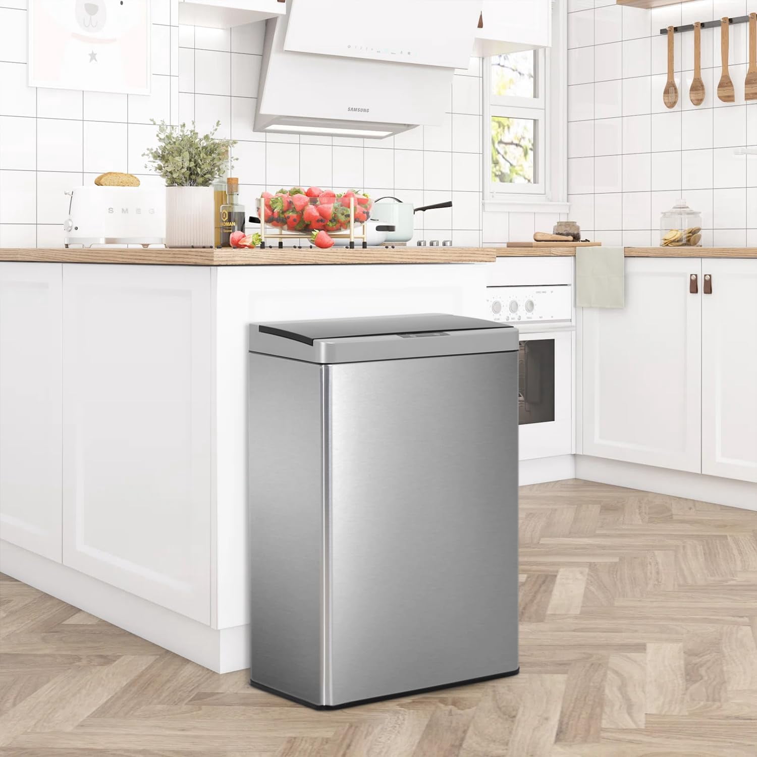 BestOffice 13 Gallon Touchless Trash Can with Lid, Stainless Steel Automatic Sensor Waste Bin
