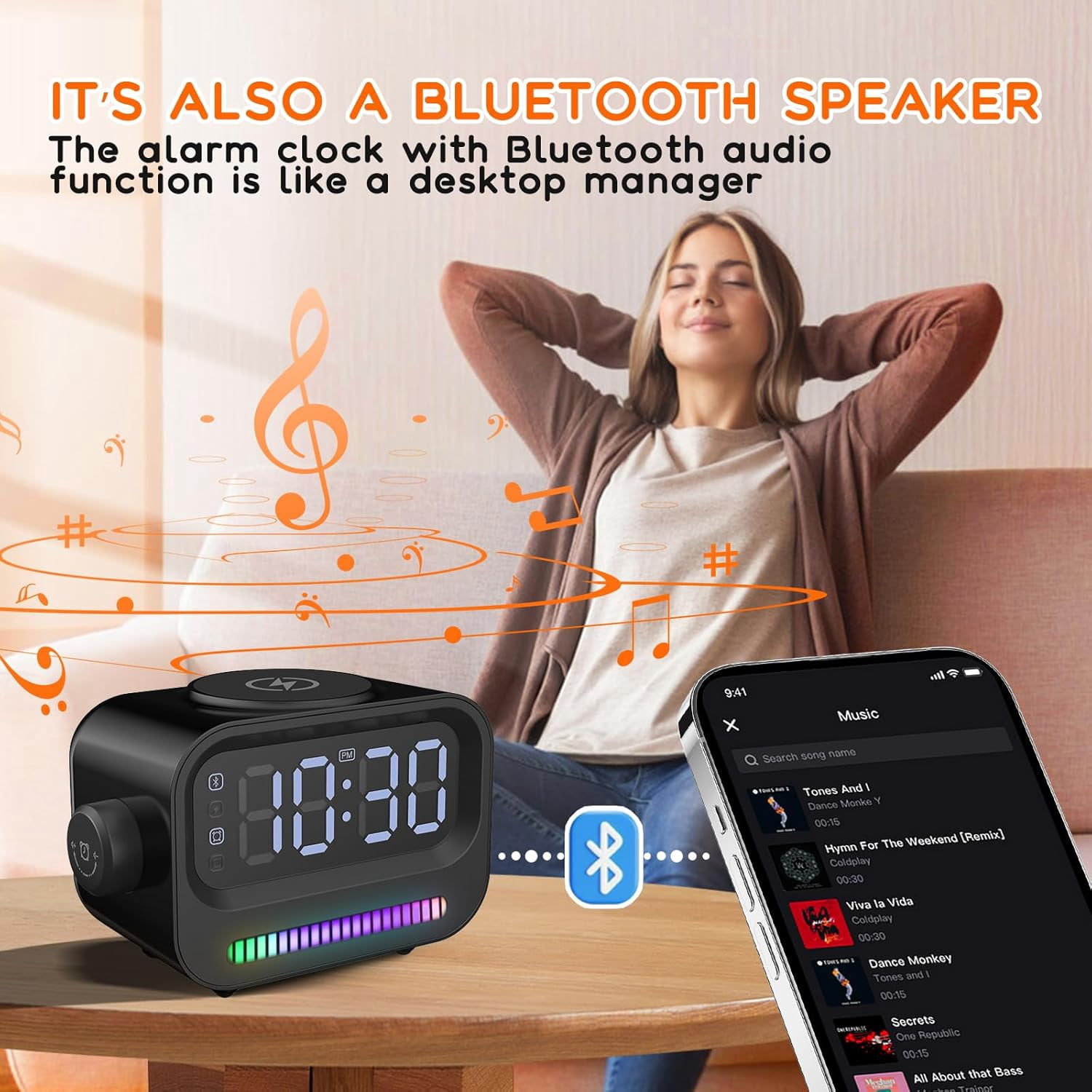 Alarm Clock with Wireless Charging, 3 in 1 Bluetooth Speaker, Digital Alarm Clock with RGB Light Clock and Speaker, LED Large Display Digital Alarm Clock for Teens Girls Boys (Black)