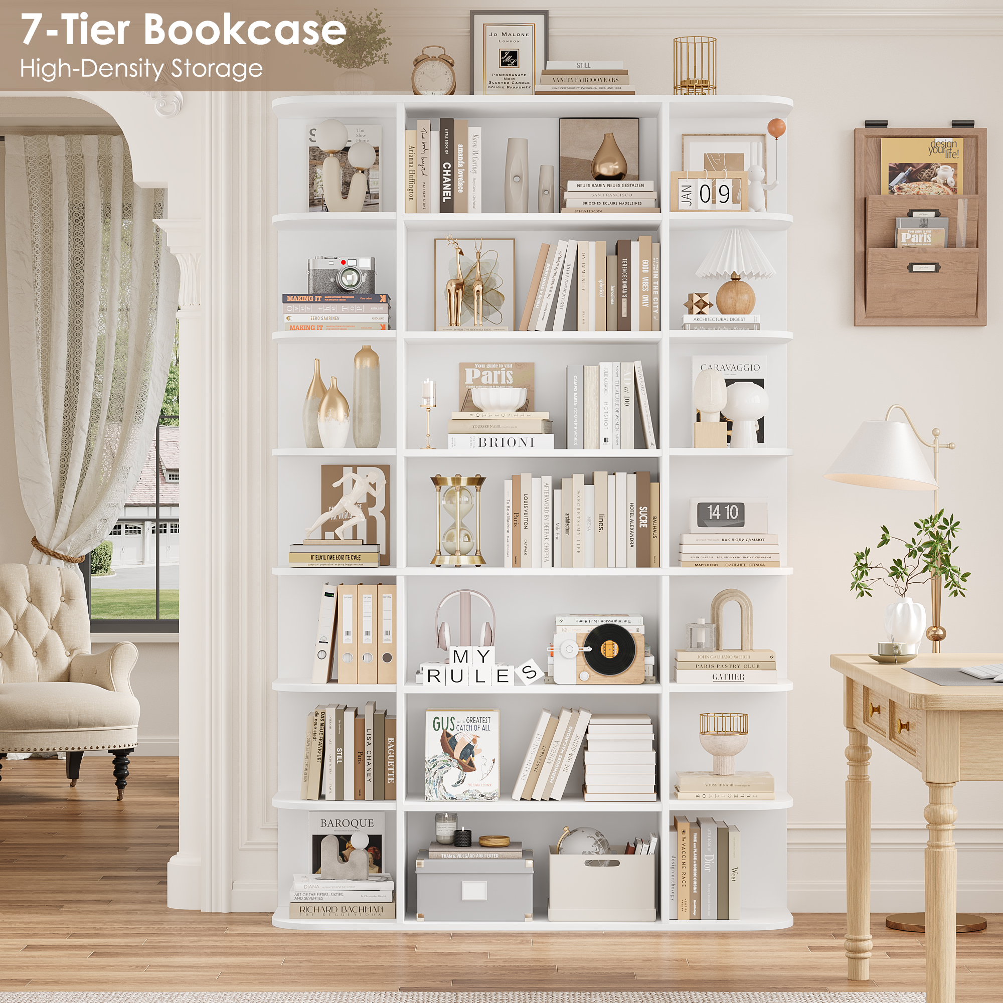 Homfa 7-Tier Triple Wide Bookcase, 84.6" Tall Bookshelf with Curved Display Shelves for Living Room Home Office Study, White
