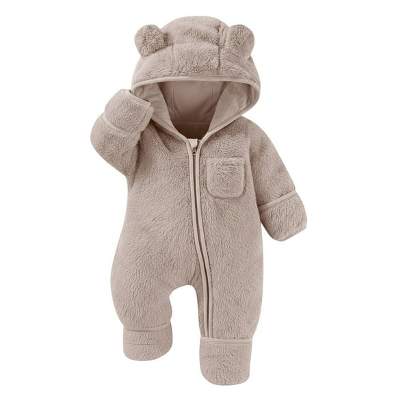 Newborn Baby Bear Outfit With Fold-Over Footies,Infant Girls Boys Fleece Jumpsuit Romper Hooded Winter Snowsuit Clothes for Girls Boys 0-18M