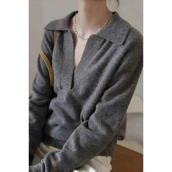 100% pure cashmere sweater women‘s new autumn and winter Polo collar solid color short knitted sweater with loose sweater