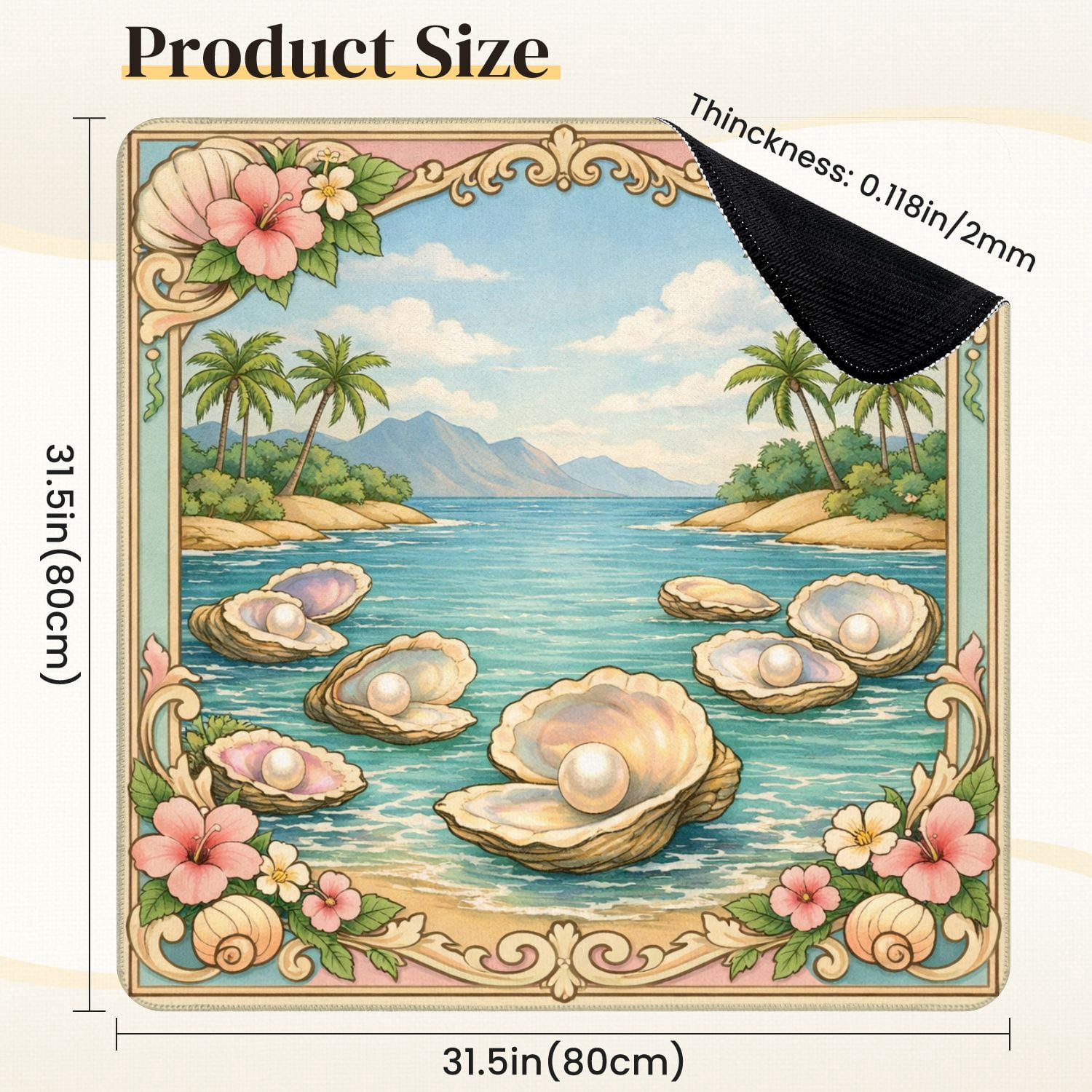 Mahjong Mat 31.5" x 31.5" Tropical Beach Oysters Palm Trees Tranquil Waters Non-Slip Noise Reduction Mahjong Tiles Table Cover for Dominoes Poker Card Board and Tile Games
