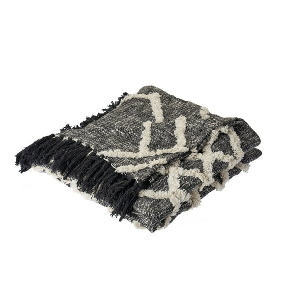 Laddha Home Designs Black and White Overtufted Geometric Fringed Throw Blanket 50" x 60"