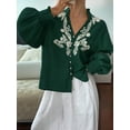 thumbnail image 3 of Women'S Embroidered Linen Shirts Button Up Sleeve V Neck Boho Blouse Green XL, 3 of 8