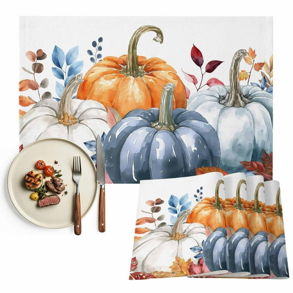 Fall Thanksgiving Placemats Set of 12, Orange Blue White Pumpkin Table Mats Washable Heat-Insulation Non-Slip Place Mats for Kitchen Dinner Table Indoor Outdoor Decor,13x19 Inch Vintage Leaf