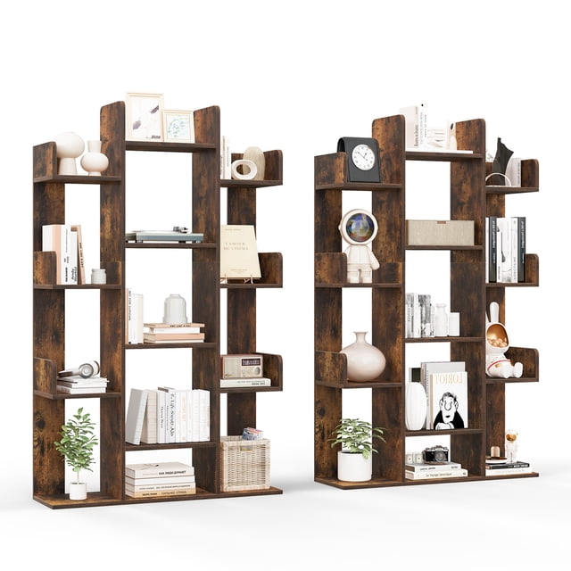 Costway 2 PCS Bookshelf Tree-Shaped Bookcase with 13 Storage Shelf Rustic Industrial Style Rustic Brown