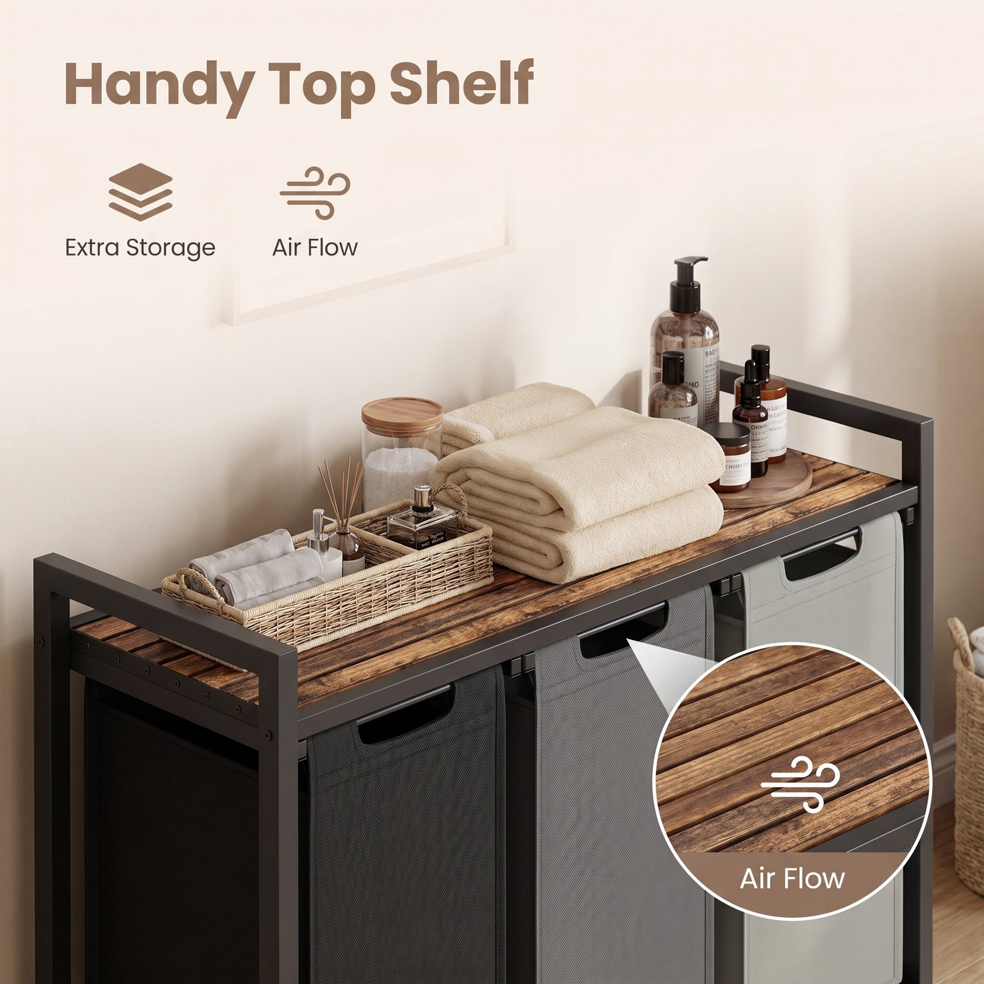 Ledrem 3-Bag Laundry Sorter Hamper with Pull-Out Bags and Shelf, Tricolor and Rustic Brown