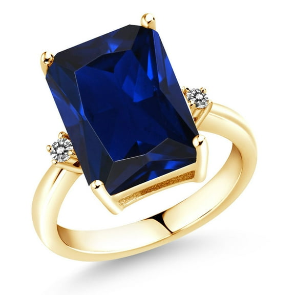 Gem Stone King 18K Yellow Gold Plated Silver Blue Created Sapphire and White Diamond Ring for Women (10.07 Cttw, Emerald Cut 14x10MM, Gemstone September Birthstone, Size 6)