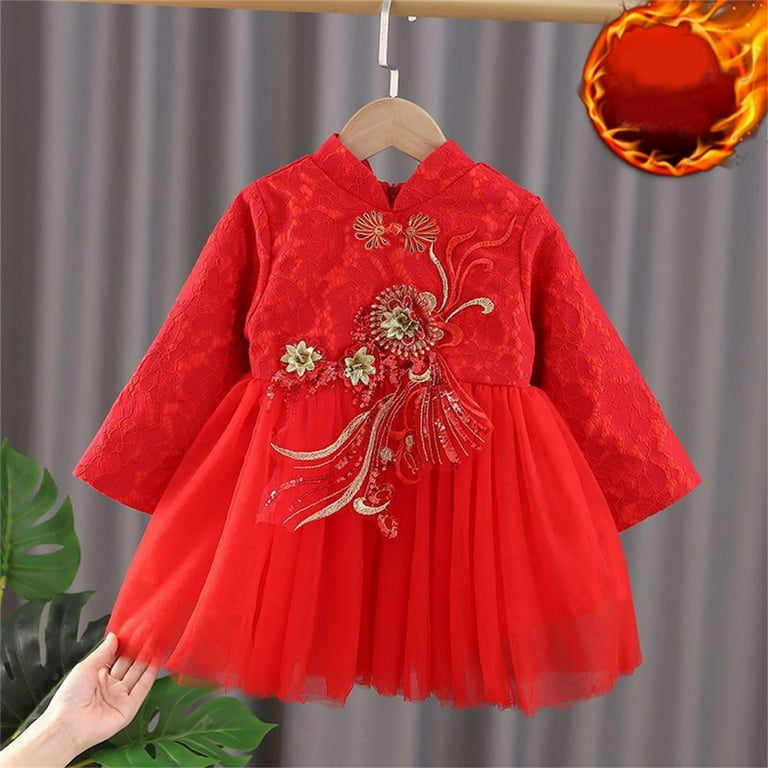 Lnmuld Winter Dress Toddler Kids Baby Children Fairy Hanfu Dresses for Chinese New Year Lined Warm Dresses Embroidery Tang Suit Performance Size:4-5