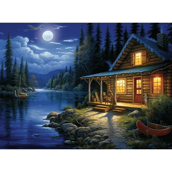 jigsaw puzzles 50 pieces for adults Moonlight Lodge Rural, River night wooden Challenging Puzzle Perfect for Game Toys Nights 7.9'' x 5.9''