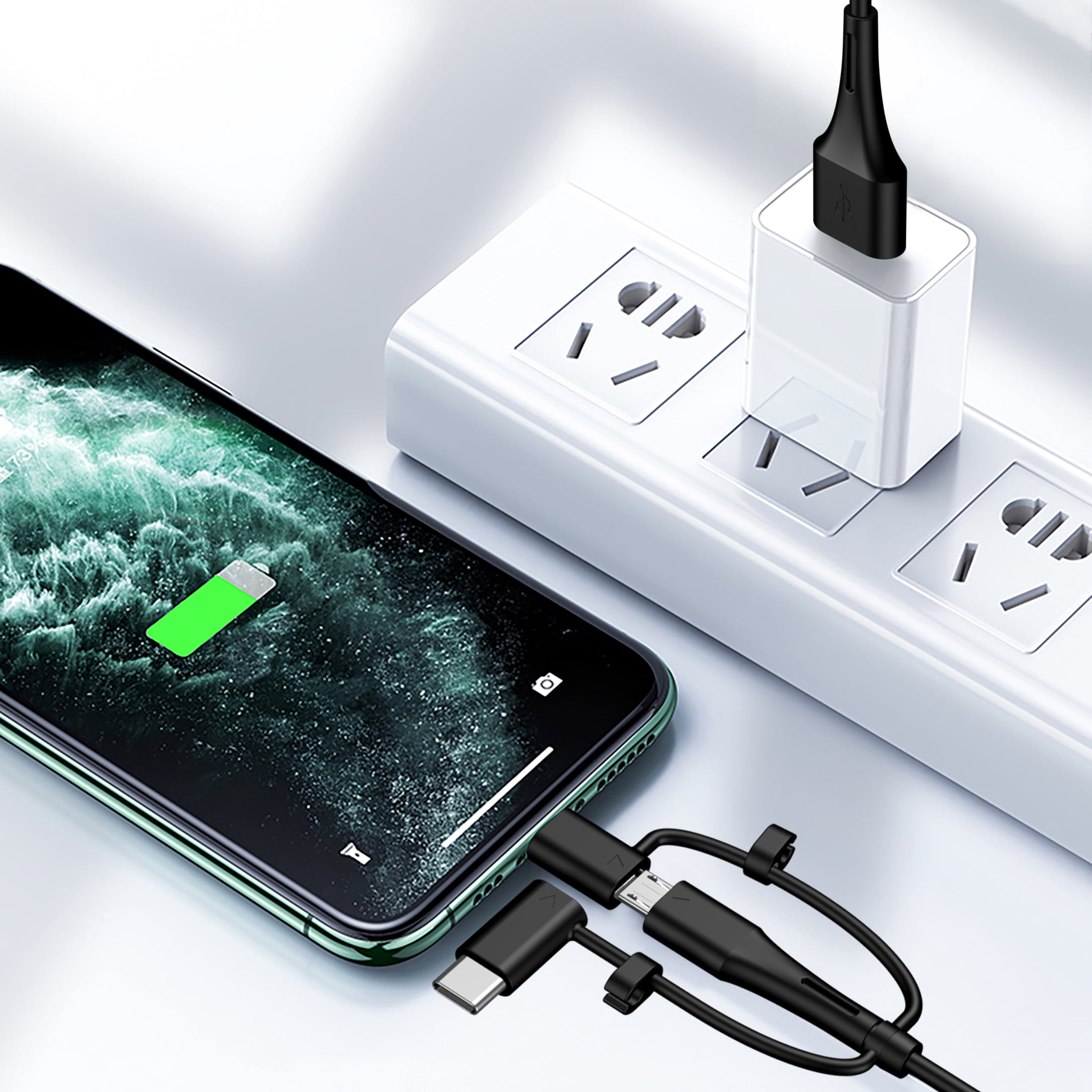 3 feet 3 in 1, USB Type-a to C, Lightning, Micro Charging Cable for iPhone iPad Smartphone, Black