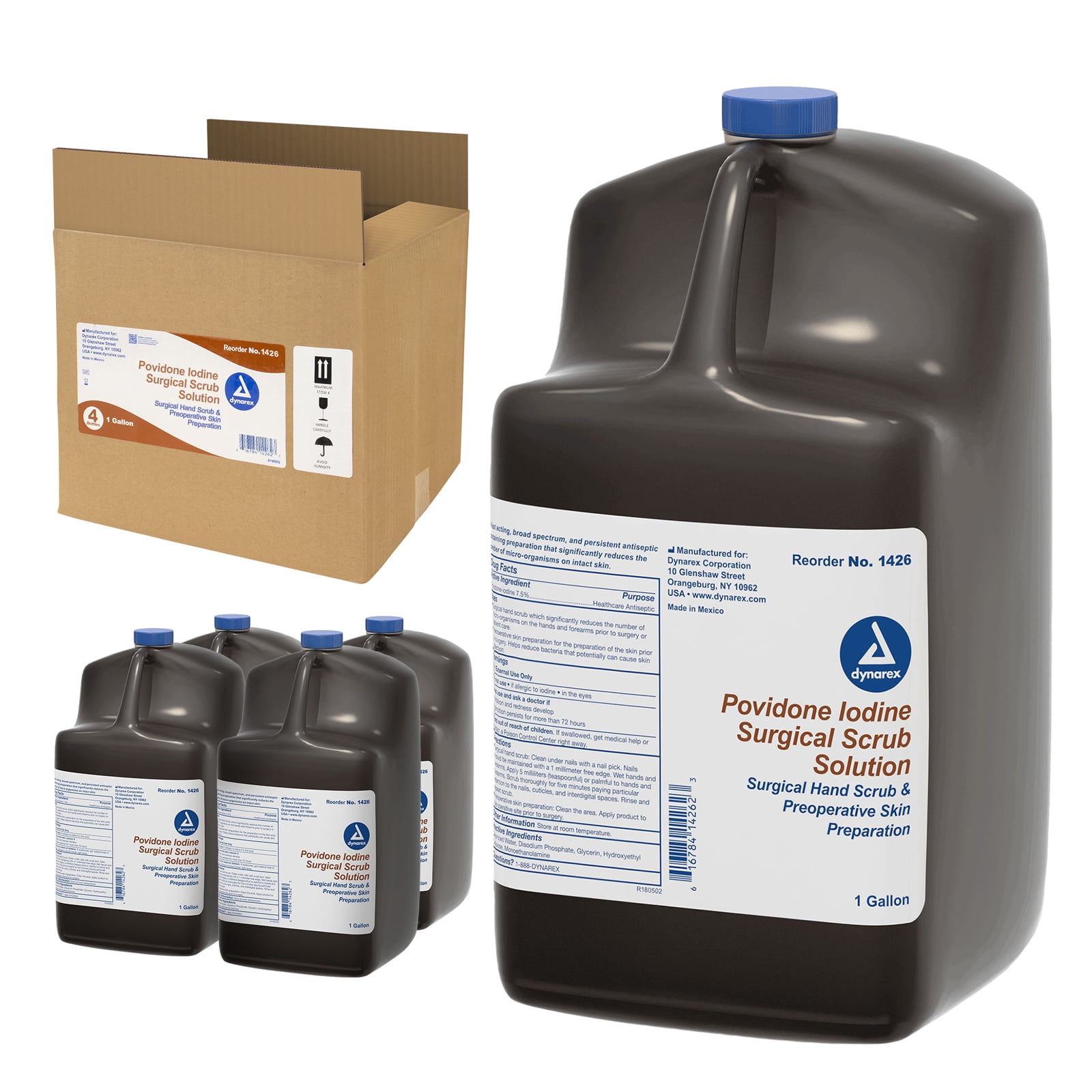 Dynarex Povidone-Iodine Scrub Solution, Antiseptic Solution for Skin and Mucosa, Ideal for Surgical Site Preparation, Contains Povidone Iodine 7.5% - 1 Case of 4 1-Gallon Bottles