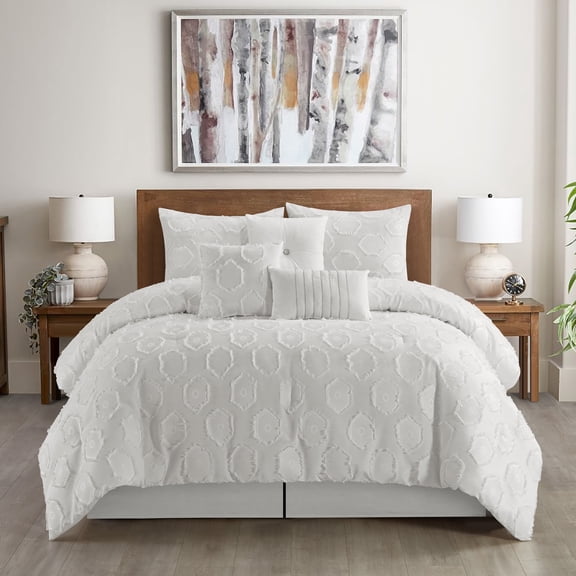 Nanshing Tammy 7 Piece Modern 3D Geometric Pattern Comforter Set, California King, White