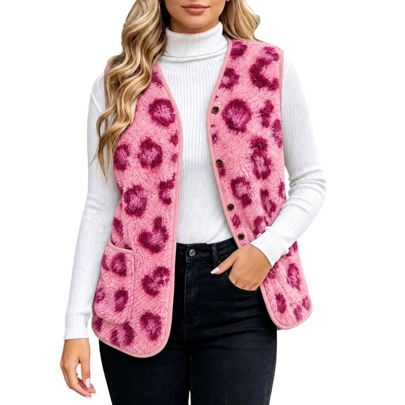 Cute Leopard Print Vests Women Collarless Sleeveless Fleece Sherpa Jackets Lightweight Button Down Cardigan Waistcoat Outerwear
