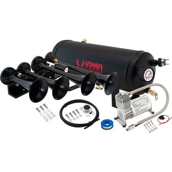 Vixen Horns Train Horn Kit for Trucks/Car/Semi. Complete Onboard System- 150psi Air Compressor, 1.5 Gallon Tank, 4 Trumpets. Super Loud dB. Fits Vehicles like Pickup/Jeep/RV/SUV 12v VXO8715/4124B