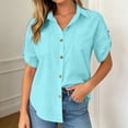 thumbnail image 4 of FINALGANG Womens Lapel Collar Roll Tab Short Sleeve Solid Color Dual Bust Pocket Curved Hem Loose Button Down Shirt Relaxed Fit For Ladies Office Daily Outdoor Outing Blue M, 4 of 7