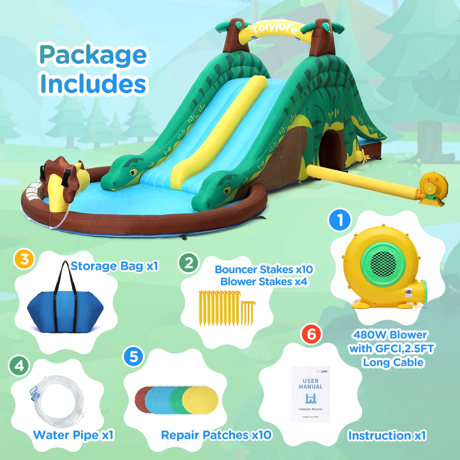 Toiyjofe Dinosaur Inflatable Water Slide for Kids, 19FT Long, Dual Slides with Splash Pool, Climbing Wall & GFCI Blower, Outdoor Backyard Water Park