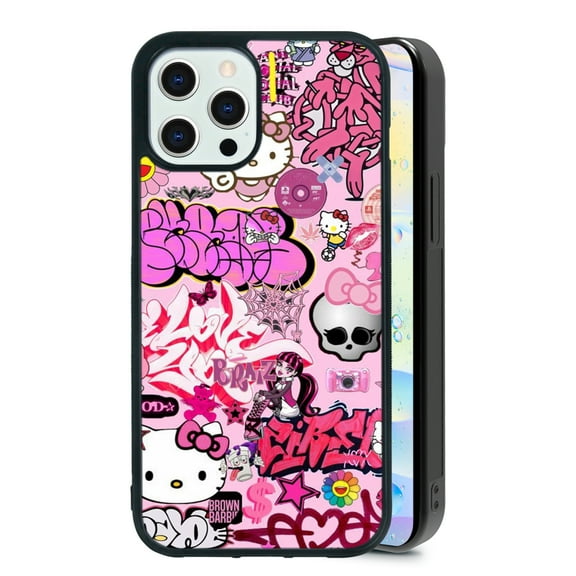 Anti-Collision Protective Art Pink Cute Cat Phone Case for iPhone XR 7 8 SE 11 12 13 Mini 13 14 15 16 Pro Max Phone Case, Black