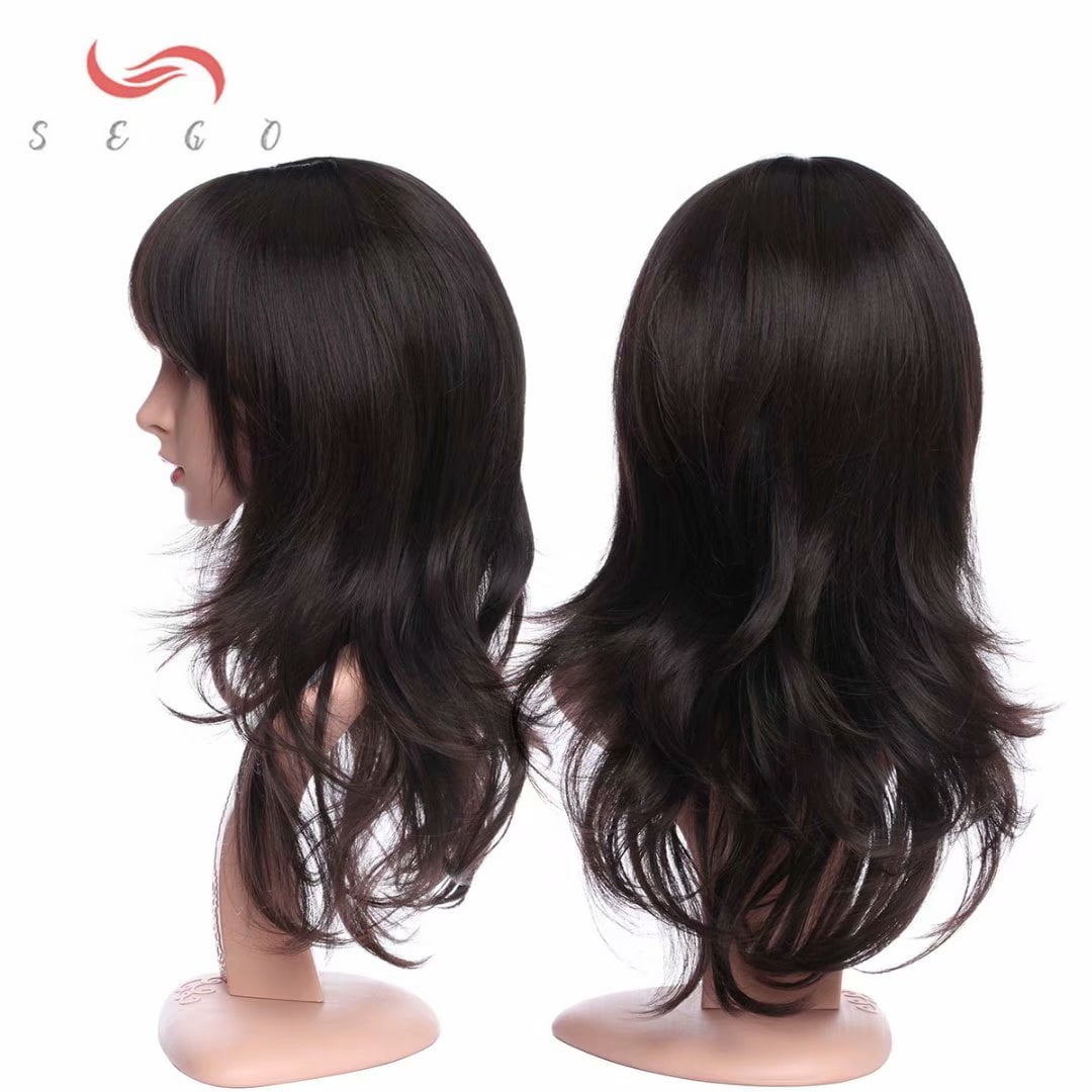SEGO Long Curly Synthetic Hair Wig with Bangs Short Fluffy Wigs Full Head Heat Resistance Hair Wig for Women