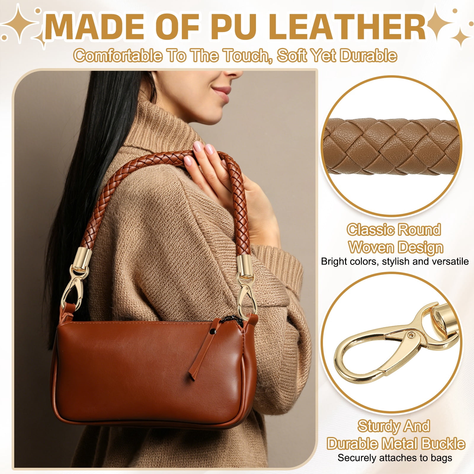 Uxcell 2 Pcs Braided Purse Strap, 65cm 25.6" PU Leather Shoulder Purse Strap for Handbag Bag Handle Replacement for DIY Making Handbag Underarm Bag, Dark Khaki (Light Gold Buckle)