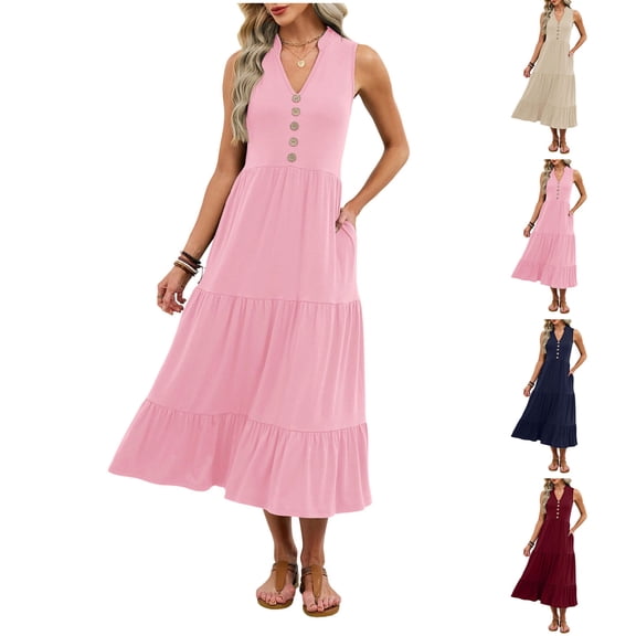 Mifsaly Sleeveless Dress for Women V-Neck Tiered Midi Vacation Dresses Flowy Button Front Summer Beach Travel Lightweight Sundresses L
