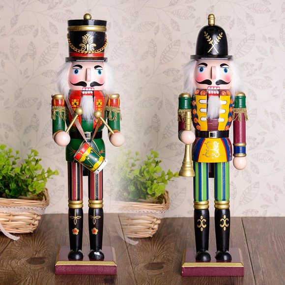 2 Pcs Wooden Soldier Model Traditional Nutcracker with Drum and , 11.81inch Tall Great for Any Collection and Festive Decor