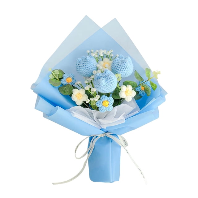 Ramo de flores de crochet ya hecho Flores tejidas a granel Flor para San Valentín Azul