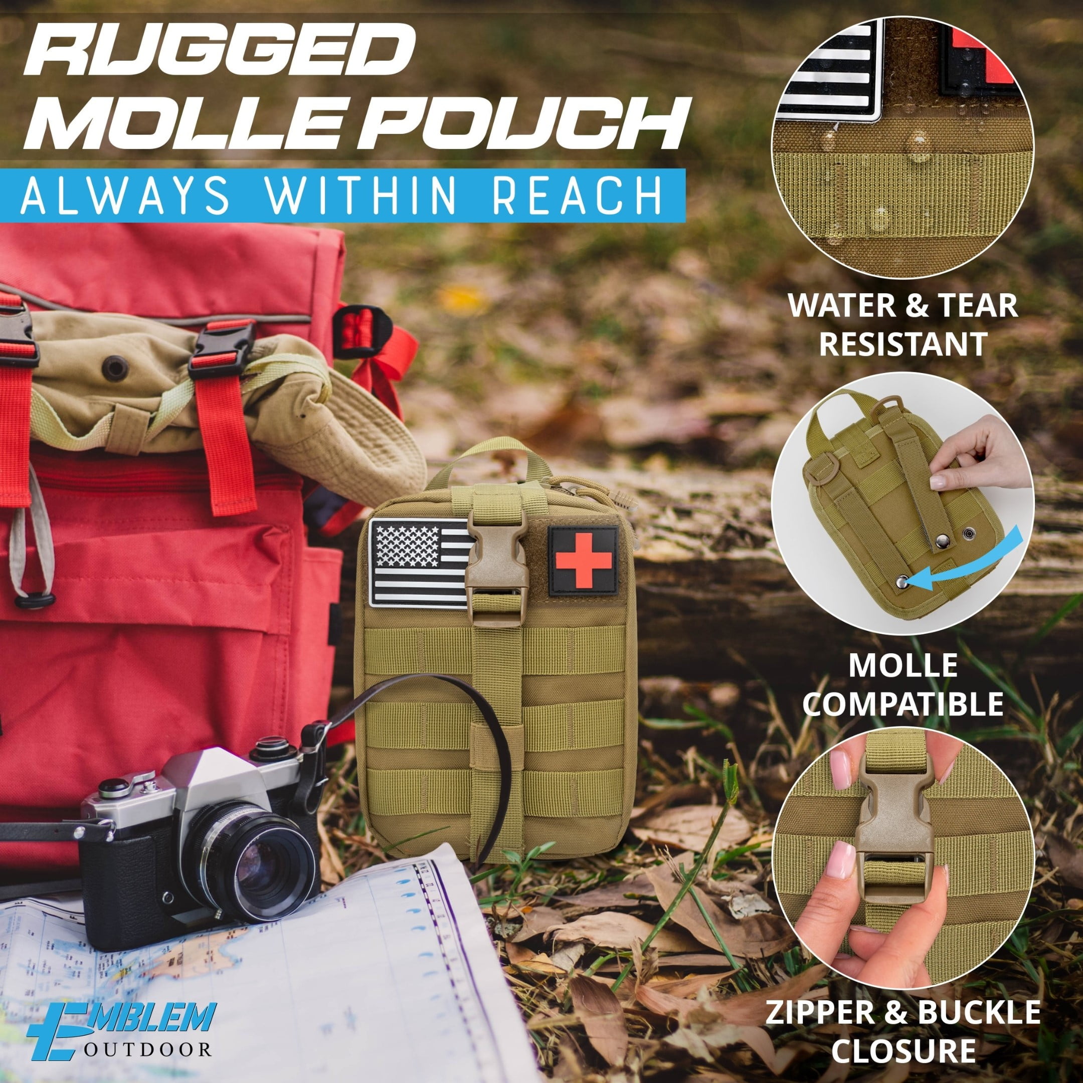 Emblem OD 242 Piece Survival First Aid Kit with Tourniquet | MOLLE Pouch with Paracord | Camping Hunting Hiking and Emergency Preparation | Survival Gear | Car First Aid Kit | Tan