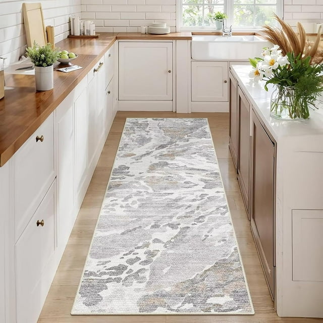 DEXDE 2x6 Runner Rug Washable Modern Abstract Non Slip Low Pile Throw Rugs Soft Indoor Carpet for Hallway Kitchen Bedroom Bathroom Laundry Entrance,Blue Bedside Living Room, Gray