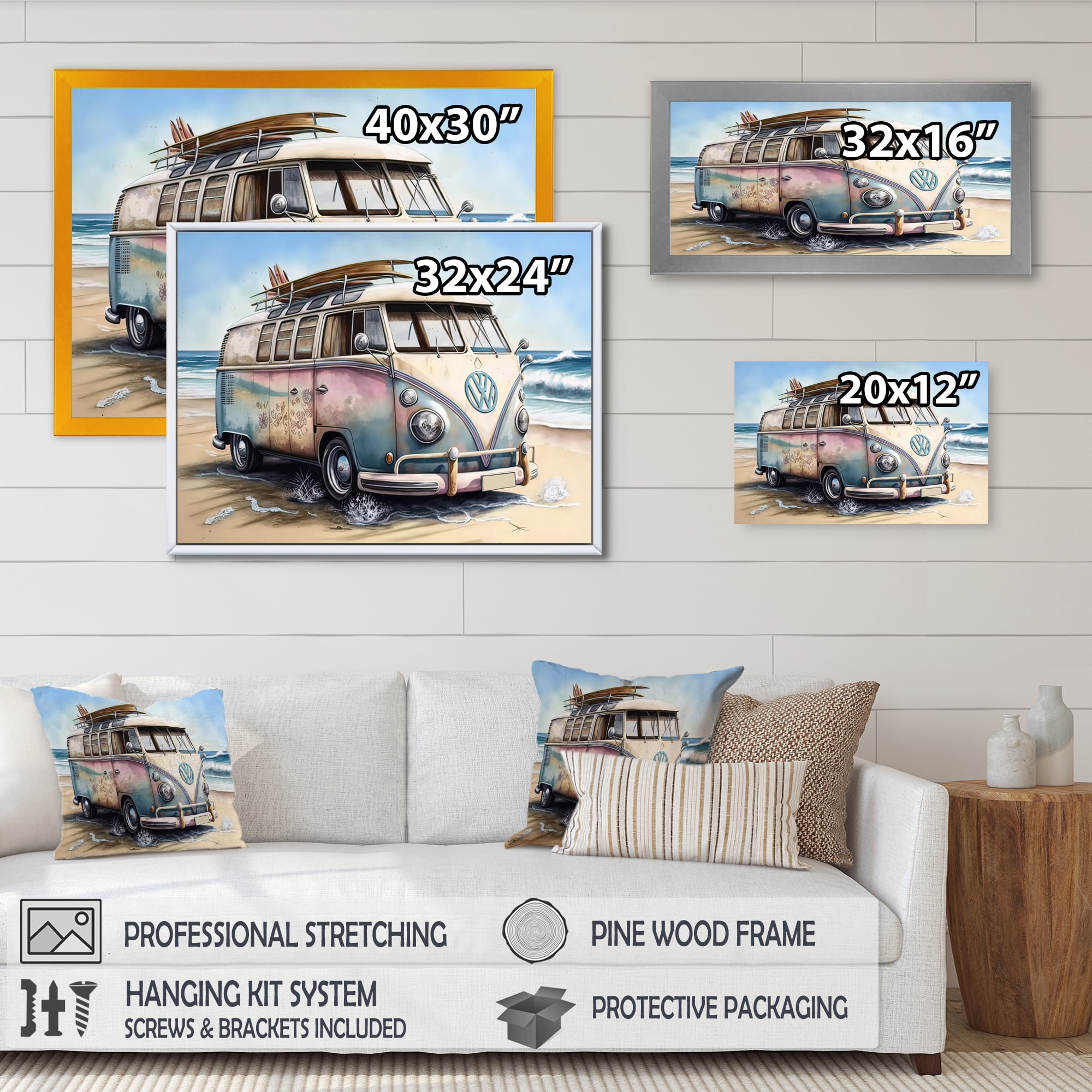 Designart 70S Surfing Van At The Beach I Canvas Wall Art