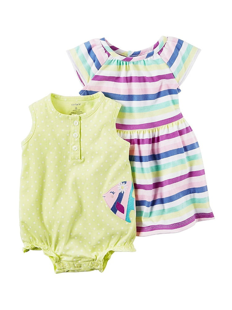 Carters Infant Girls Baby Outfit Green Dot Fish Bodysuit & Striped Dress 3m
