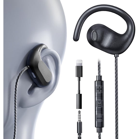 Lightning Wired Headphones with Mic Open Ear Earbuds for iPhone 14/13/12/11 Models [HiFi Sound, Secure Fit, Volume Control] Earphones Wired, Durable Ear Buds for Sports & Daily Use