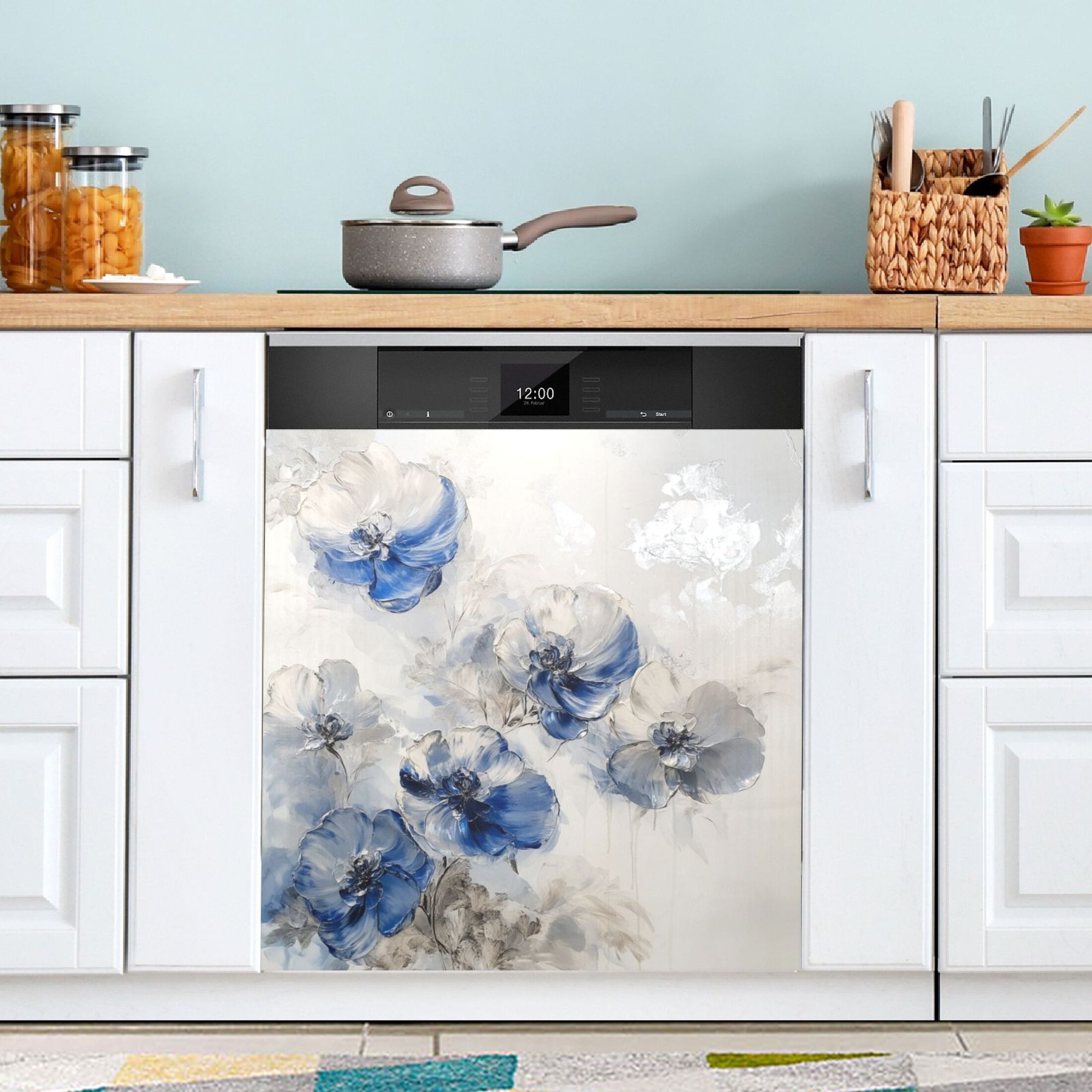 Dishwasher Magnetic Sticker 23x26 Inch Refrigerator Magnetic Sticker Washing Machine Magnetic Sticker Kitchen Panel Magnetic Sticker Home Decor Blue Watercolor Flowers