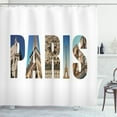 thumbnail image 1 of Eiffel Tower Shower Curtain, Modern Paris Designed in Collage of Images Around Paris, Fabric Bathroom Set with Hooks, 69W X 84L Inches Extra Long, Dark Sky Blue and Multicolor, by Ambesonne, 1 of 3