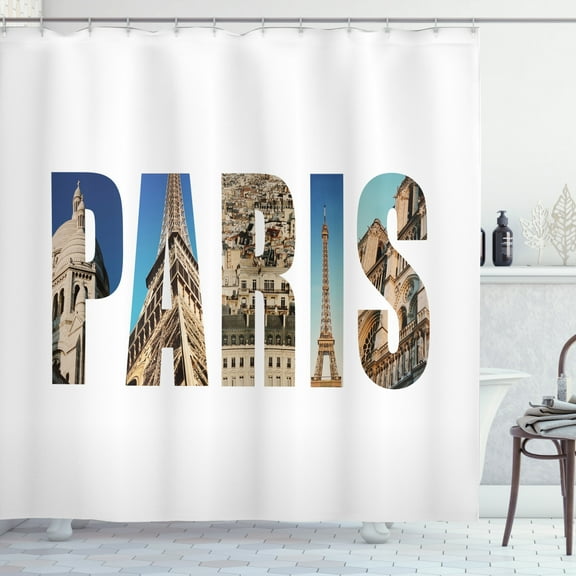 Eiffel Tower Shower Curtain, Modern Paris Designed in Collage of Images Around Paris, Fabric Bathroom Set with Hooks, 69W X 84L Inches Extra Long, Dark Sky Blue and Multicolor, by Ambesonne