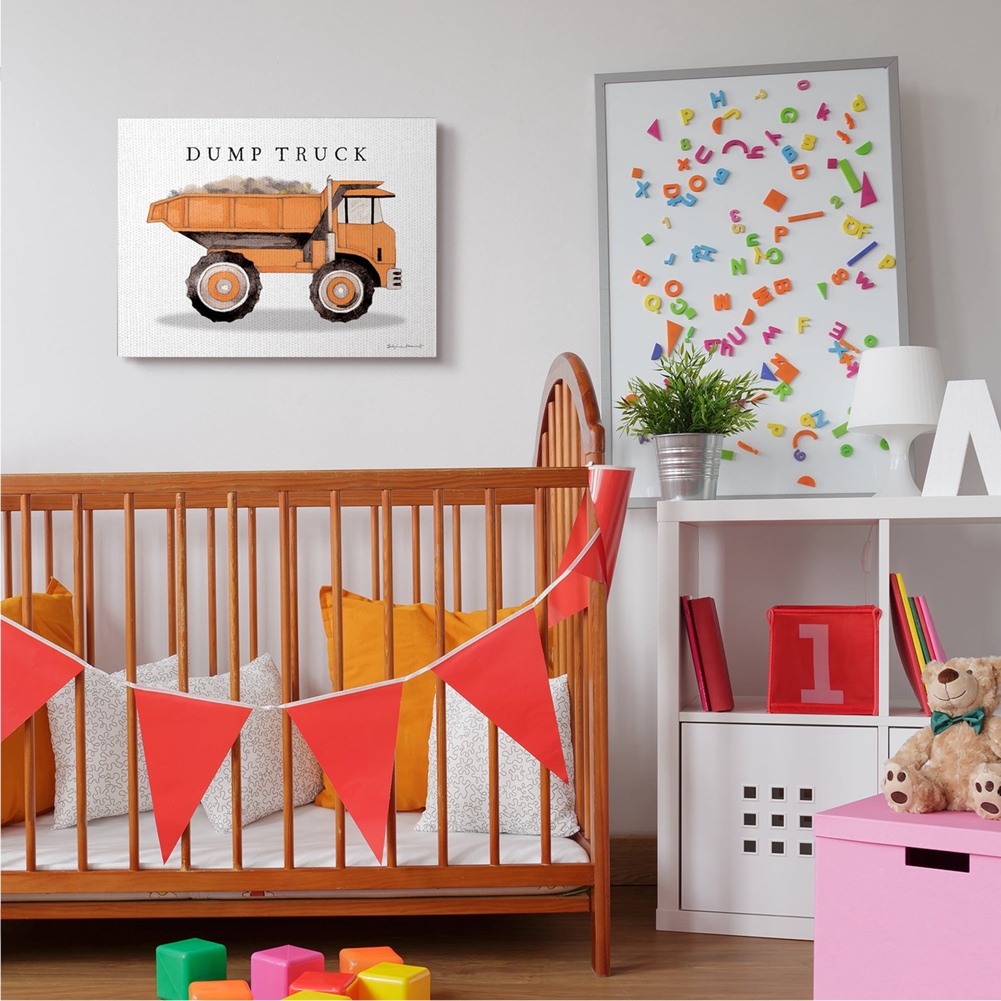Stupell Industries Orange Dump Truck Traditional Construction Vehicle Transportation Painting Gallery Wrapped Canvas Art Print Wall Art, 24 x 30
