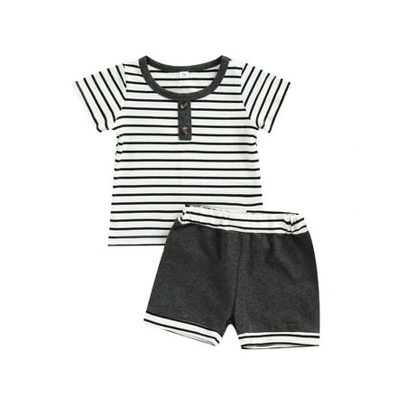 

Baby Boys Girls 2 Piece Summer Outfits Stripes Print Short Sleeve Top + Elastic Shorts Set