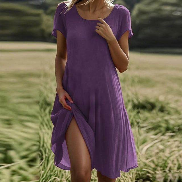 Ndbuld Robe d'Été Bohème pour Filles Robe Décontractée en Lin Couleur Unie Manches Courtes Col Rond Jupe Liquidation Moins de 5$