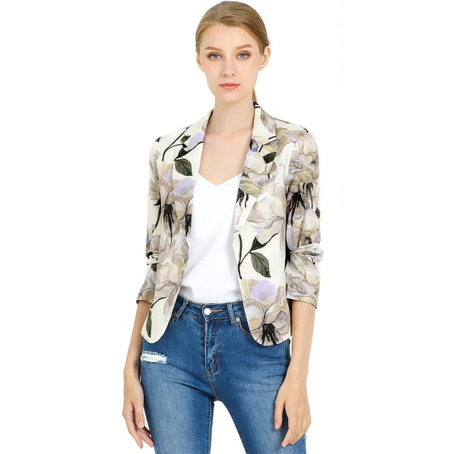 Chaqueta abierta de la chaqueta del traje de la cosecha del trabajo de la oficina del frente de las mujeres Beige Púrpura-Floral S