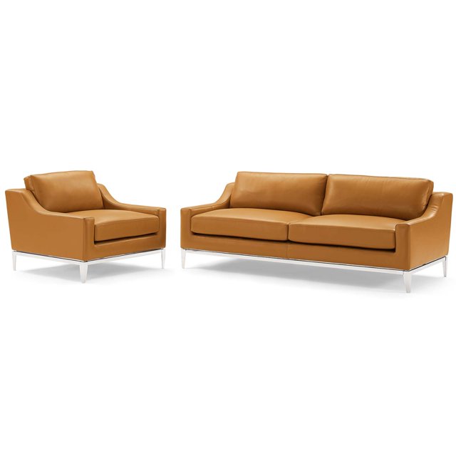 Armchair and Sofa Set, Leather, Steel, Tan, Modern Contemporary Urban Design, Living Lounge Room